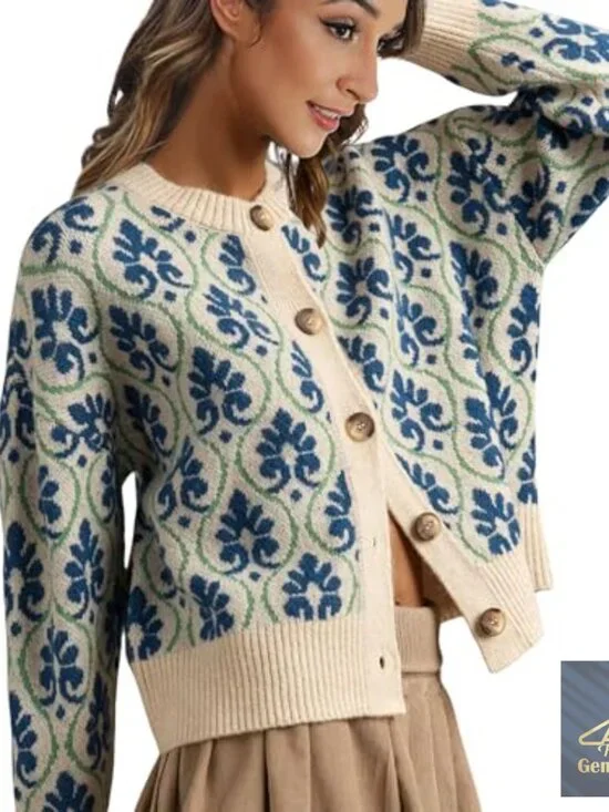 Long Sleeve Floral Cardigan Sweater Open Front Button Down Vintage Outerwear - Picture 5 of 7